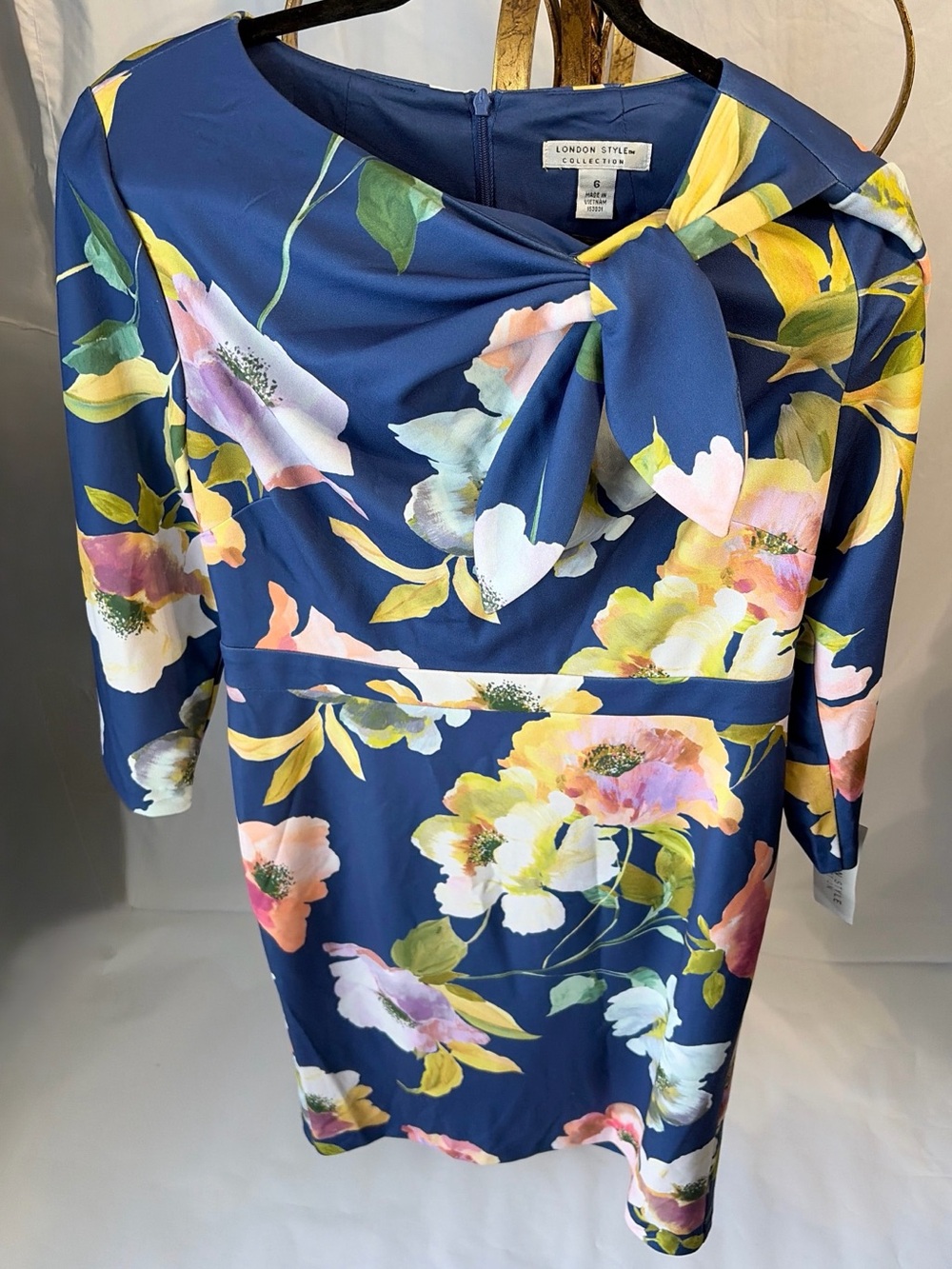 NWT London Style Collection Floral Asymmetric Tie Neck Sheath Dress 6